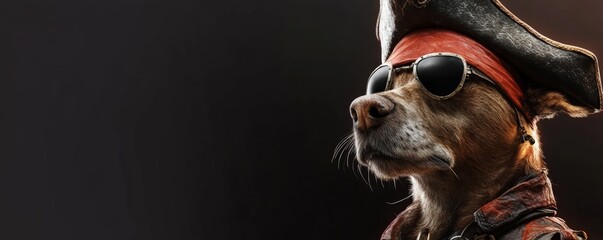 Sticker - A dog wearing sunglasses and a pirate hat. The dog is looking at the camera. The image has a playful and fun mood