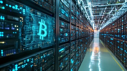 Wall Mural - 43. a visual representation of bitcoin data being processed in a high-tech server room