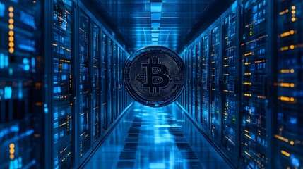 Wall Mural - 43. A visual representation of Bitcoin data being processed in a high-tech server room