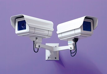 Two white security cameras mounted on a wall, designed for surveillance and monitoring.