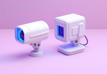 Two modern security cameras with sleek designs and blue lighting against a pink background.