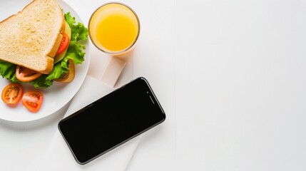 Sandwich on a plate with phone and juice on the white background. Backdrop for banner, postcard, cover, mockup isolated for Copy space. Concept of lifestyle, lunch. For business, cafe, restaurant, bar