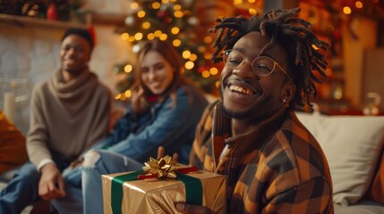 Christmas and New Year vibes. Joyful young man opens Christmas present in company of his cheerful multiracial friends during Christmas party at home.Holiday, people and celebration concept.