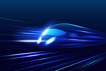 Futuristic High-Speed Train with dynamic motion on a dark blue color background. conveying speed and modern technology.