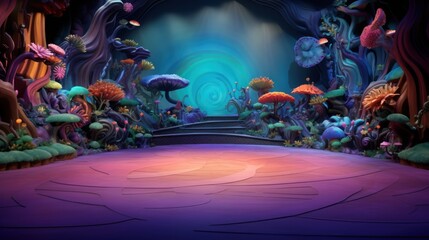 Wall Mural - Purple and Orange Surreal Landscape with a Stage and Swirling Blue Background.