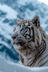 Sticker - A three-quarter profile portrait of a white tiger with glowing blue eyes is captured from an extreme low angle, showing its fierce expression and white fur against the snowy mountains.