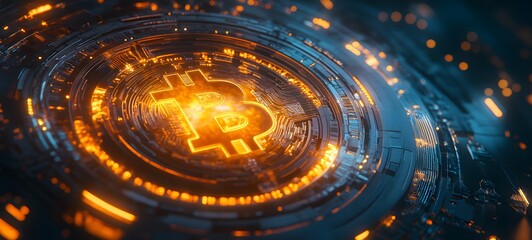 Wall Mural - 13. A glowing Bitcoin coin as an abstract digital asset in a futuristic setting