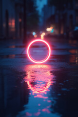 Poster - A neon ring with a soft pink glow, its reflection creating a subtle, mirrored effect on a dark, reflective floor,