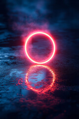 Leinwandbilder - A neon ring with a soft pink glow, its reflection creating a subtle, mirrored effect on a dark, reflective floor,