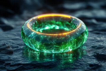 Aufkleber - A glowing neon ring in vibrant green, floating above a polished, obsidian-like surface with a sharp reflection,