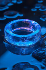 Poster - A cool cyan neon ring hovering above a dark, glassy surface, creating a crisp, double ring reflection,