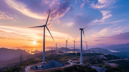 Poster - A wind farm under construction, with new wind turbines being installed to generate renewable energy.