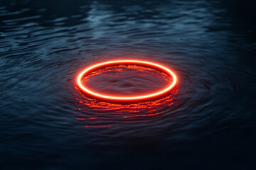 Wall Mural - A vibrant red neon ring floating above a dark, water-like surface, with ripples subtly distorting its reflection,