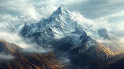 Poster - Majestic Snow-Capped Mountain Peak Surrounded by Clouds and Fog