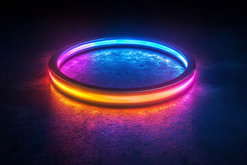 Leinwandbilder - A neon ring glowing in a gradient of blue to purple, casting a mesmerizing reflection on a deep black surface,