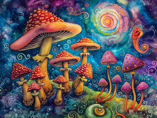 A painting of a field of mushrooms with a bright blue sky in the background. The mushrooms are of various sizes and colors, with some being red and others being purple. The painting has a dreamy