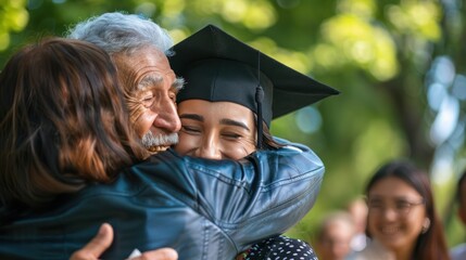 Graduating from university graduate in cap and gown hugging old parents celebrate childs achievement. Graduating moment of graduate family love culmination of years hard education