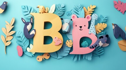 Letter B: Paper cut style illustration, colorful 3D whimsical, text 