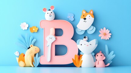 Letter B: Paper cut style illustration, colorful 3D whimsical, text 