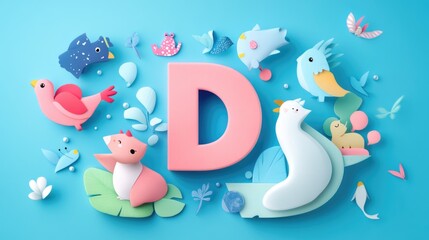 Letter D: Paper cut style illustration, colorful 3D whimsical, text 