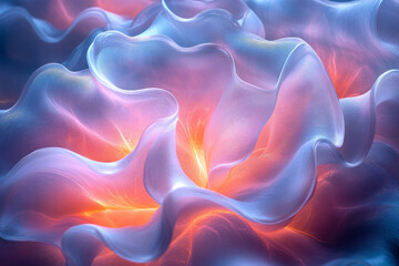 Wall Mural - A gentle swirl of abstract fluid forms in light blue and pink, softly merging into each other,