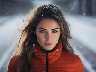 Wall Mural - Closeup of a girl in sportswear preparing to jog on a snowy track, starting from a low position