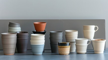 Sticker - An assortment of coffee cups in different shapes and sizes arranged on a table.