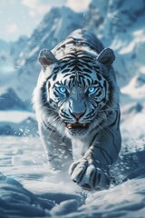 Poster - An extreme low angle shot reveals a white tiger in the snowy mountains, its glowing blue eyes and fierce expression highlighted in a stunning fantasy photo.