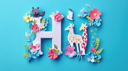 Letter H: Paper cut style illustration, colorful 3D whimsical, text 