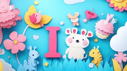 Wall Mural - Letter I: Paper cut style illustration, colorful 3D whimsical, text 