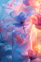 Poster - A peaceful flow of abstract fluid shapes in soft pastel blue and pink, evoking a sense of calm and tranquility,