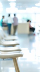 Aufkleber - Empty chairs in a bright and modern hospital waiting area with people at the reception desk in the background. Clean and welcoming space designed for patient comfort and care. 