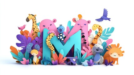 Wall Mural - Letter M: Paper cut style illustration, colorful 3D whimsical, text 