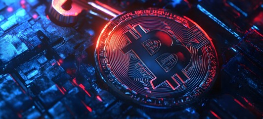 Wall Mural - 30. a digital lock and key with bitcoin symbols representing advanced security