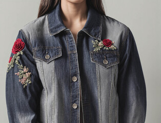 A woman is wearing a denim jacket with embroidered roses on it