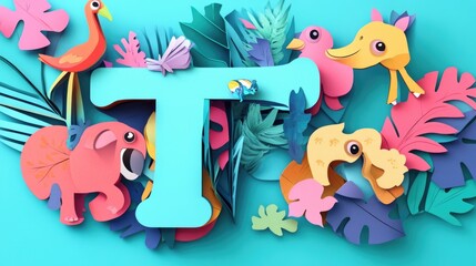 Wall Mural - Letter T: Paper cut style illustration, colorful 3D whimsical, text 