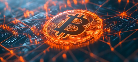 Wall Mural - 32. a bitcoin symbol surrounded by an intricate network of digital connections and data
