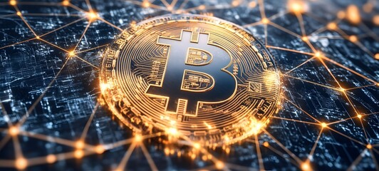 Wall Mural - 32. A Bitcoin symbol surrounded by an intricate network of digital connections and data