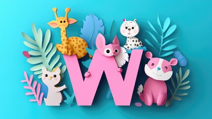 Letter W: Paper cut style illustration, colorful 3D whimsical, text 