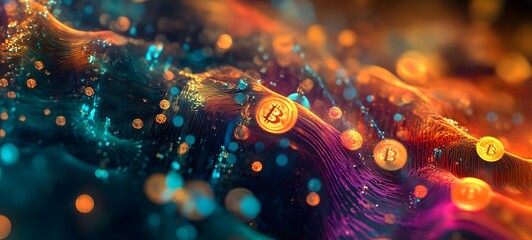 Wall Mural - 37. A vibrant and colorful digital representation of Bitcoin as a valuable asset in a virtual space
