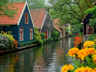 Wall Mural - A row of houses with a canal running through them. The houses are blue and red. The canal is filled with water and has a lot of flowers growing along its banks