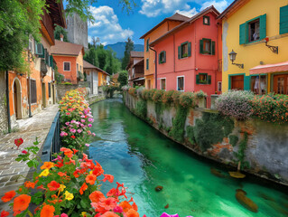 Wall Mural - A river runs through a town with houses on both sides. The water is clear and the houses are colorful