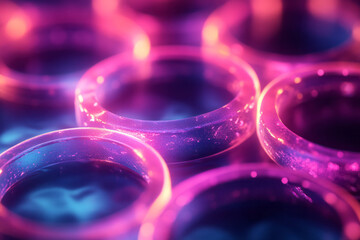 Aufkleber - A dynamic composition of overlapping neon cyan and magenta circles, with soft gradients and glowing edges creating a vibrant, abstract pattern,