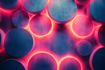 Wall Mural - A dynamic composition of overlapping neon cyan and magenta circles, with soft gradients and glowing edges creating a vibrant, abstract pattern,