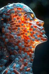 Leinwandbilder - A human profile in 3D, the entire structure made up of capsules, with the pills forming a smooth, flowing outline,