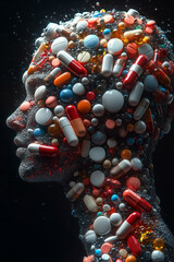 Fototapete - A digital 3D profile of a human body composed entirely of pills, each pill precisely forming the contours,