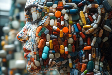 Fototapete - A digital 3D body in profile view, with pills arranged to create a mosaic-like effect, emphasizing the shape and form,