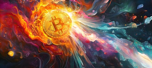 Wall Mural - 42. An abstract, artistic interpretation of Bitcoin is role in a digital financial revolution