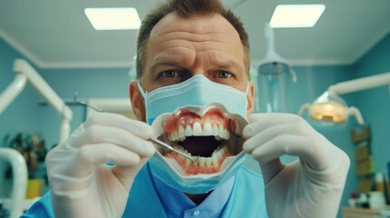 Portrait of funny man doctor dentist in blue mask and medical uniform looking at camera holding jaws in hands standing in dentistry clinic. Medicine and dental health