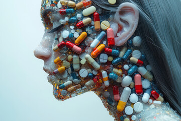 Fototapete - A digital 3D body in profile, with pills arranged to create a layered, almost pixelated effect, blurring the boundaries between organic and synthetic,